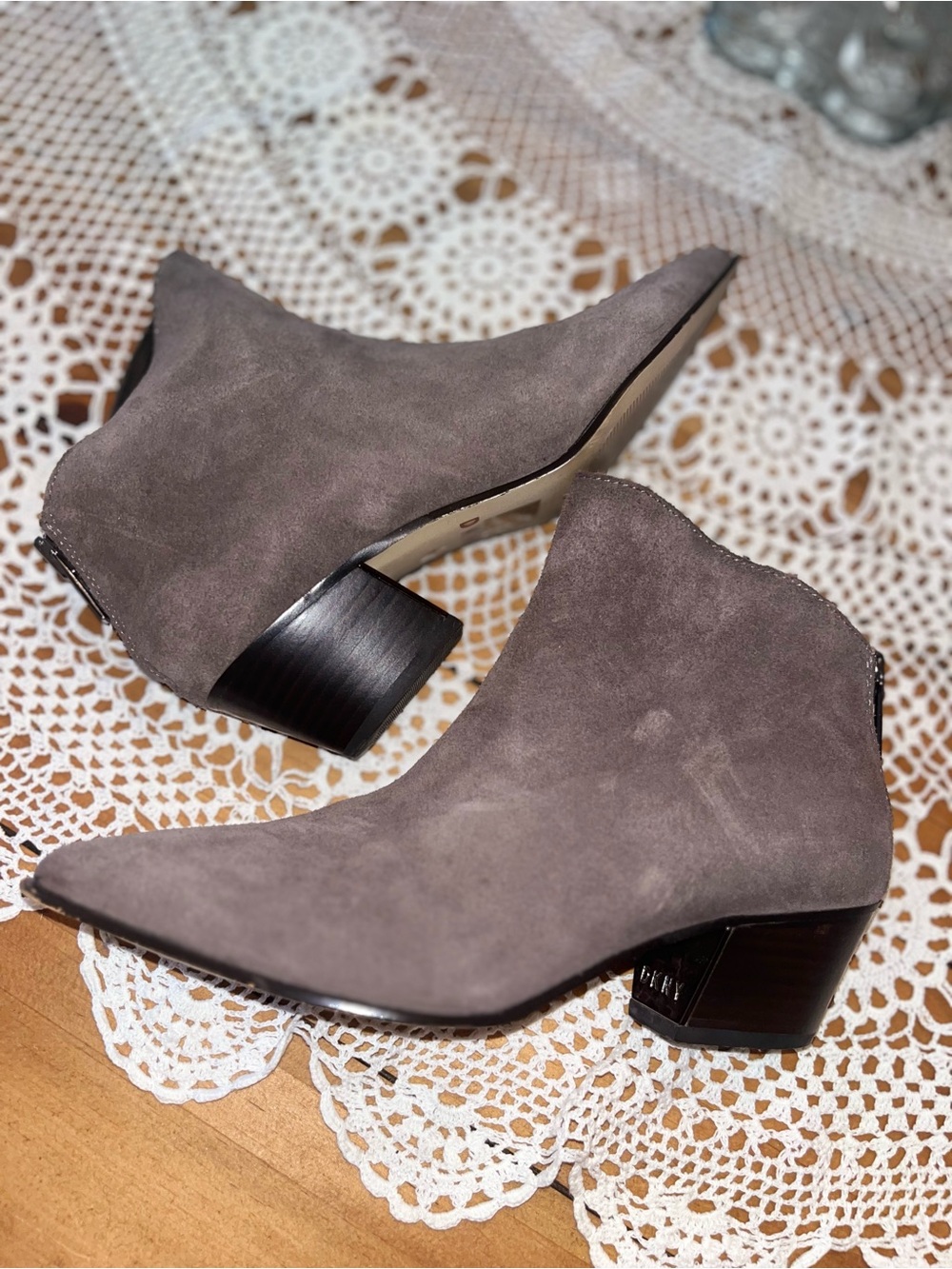 DKNY Suede Pointed-Toe Ankle Booties in Taupe Gray
